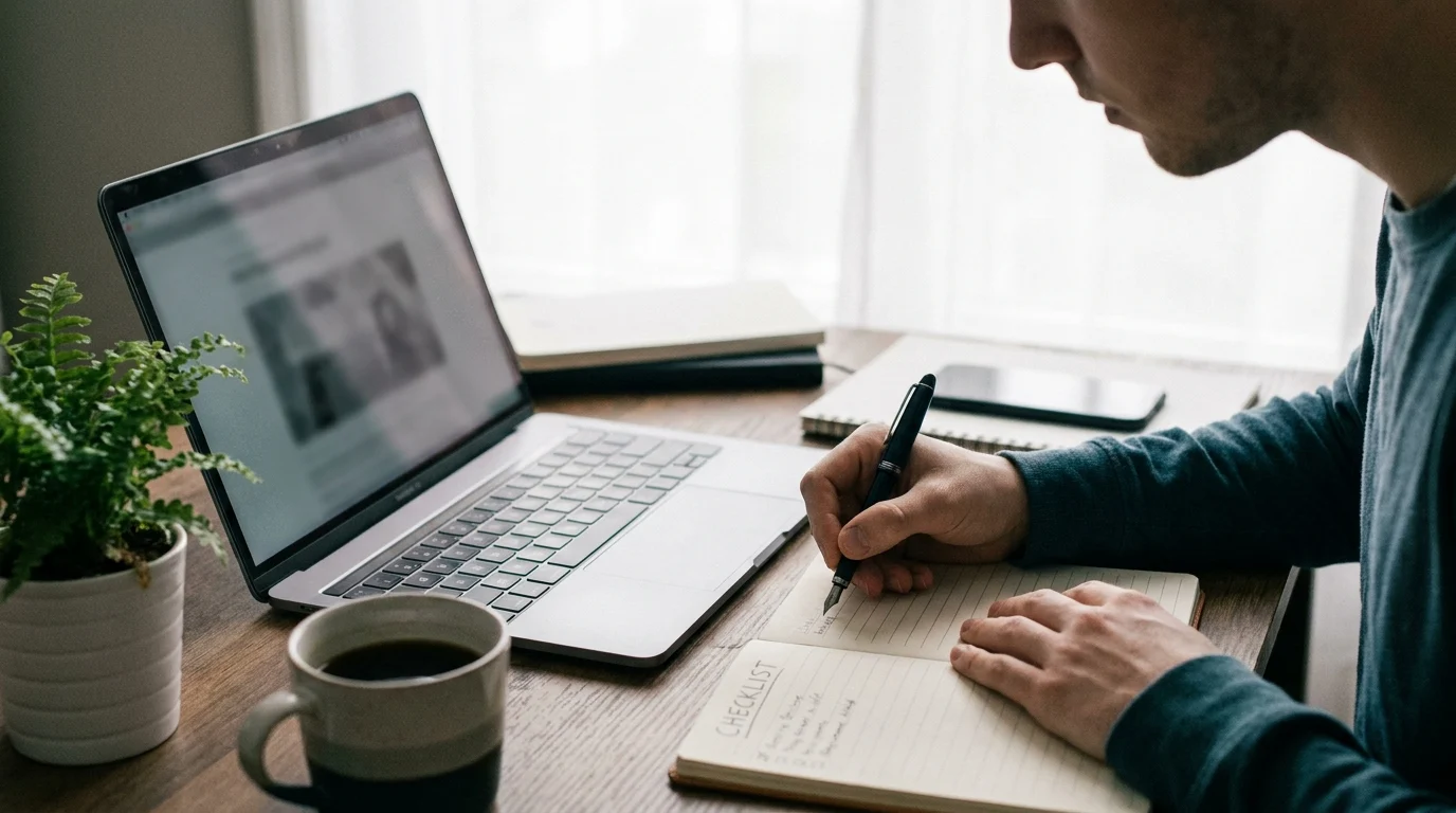 A man at a home desk writes a checklist in a notebook beside an open laptop and a cup of coffee.