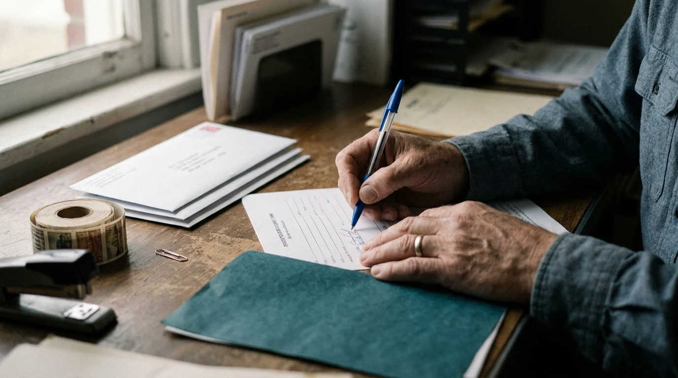 Hands sign a printed form with a blue pen beside addressed envelopes, a roll of stamps and a stapler.